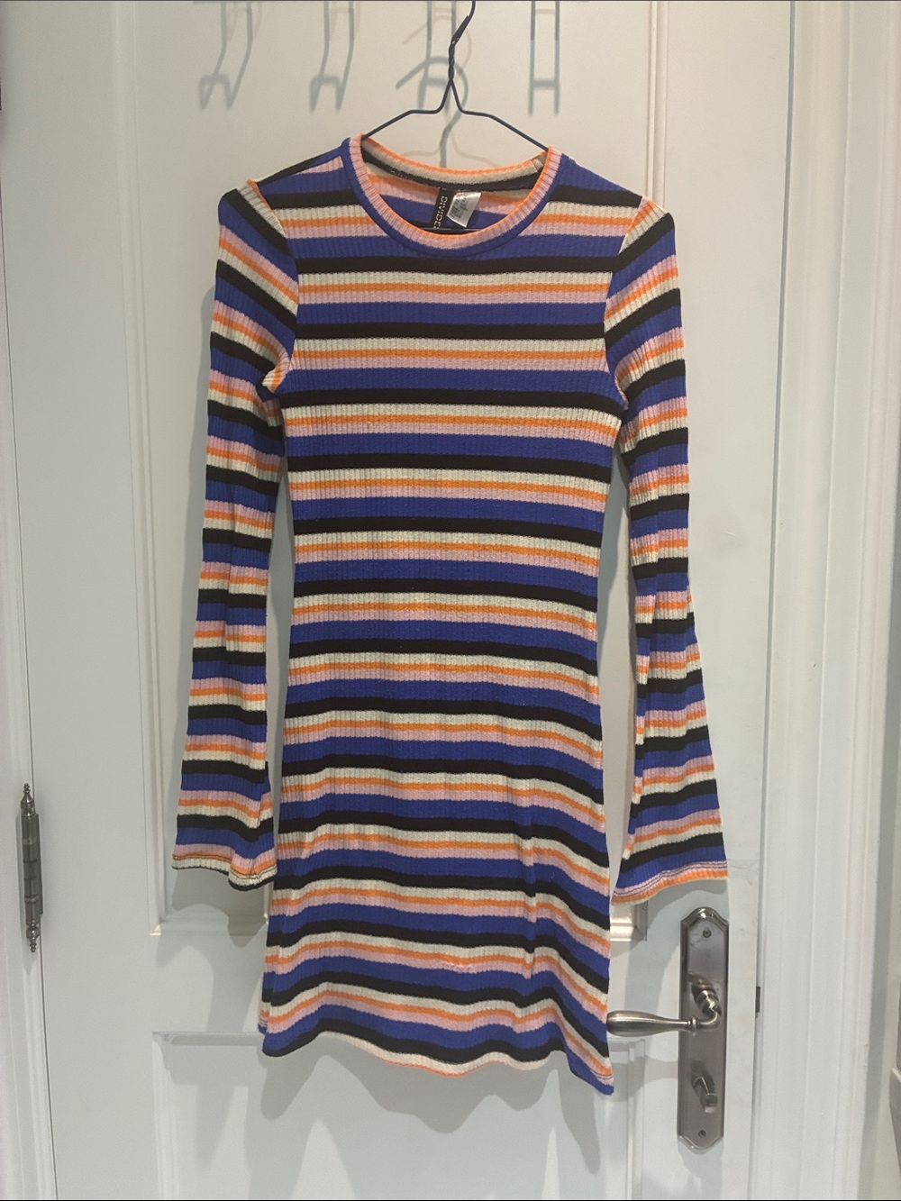 Divided striped long-sleeve ribbed mini dress in blue, black, orange, cream